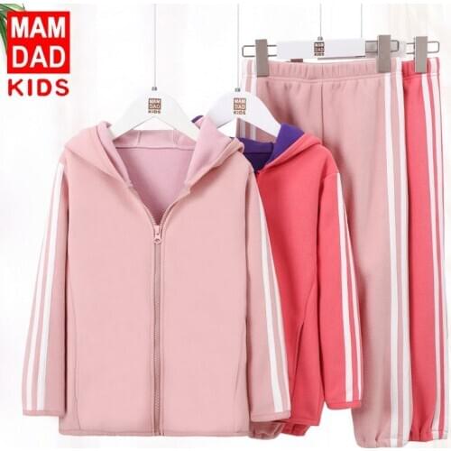 2020 Winter Teen Children Sportswear Suits Casual Stripe Thicken Hooded Jacket Pants 2pcs For Girls And Boys 4-8 Y Kids Warm Set