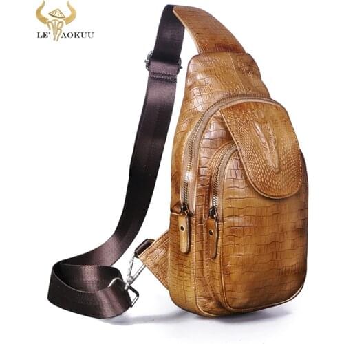 2021 New Men Soft Real Leather Fashion Triangle Chest Sling Bag 8" Tablet Design One Shoulder Bag Cross body Bag Male 5016