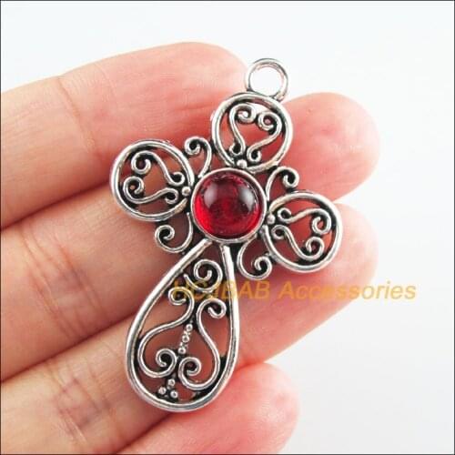 5 New Cross Charms Red Glaze Flower Pendants Tibetan Silver Tone 31x47.5mm