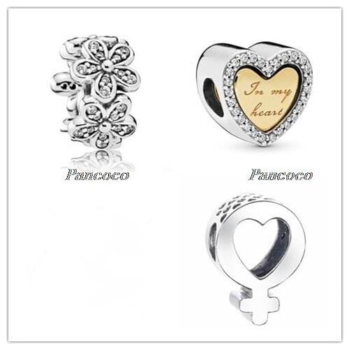 925 Sterling Silver Bead Charm Gold Color SHINE & Silver In My Heart Charm Fit Pandora Bracelet & Necklace Diy Jewelry