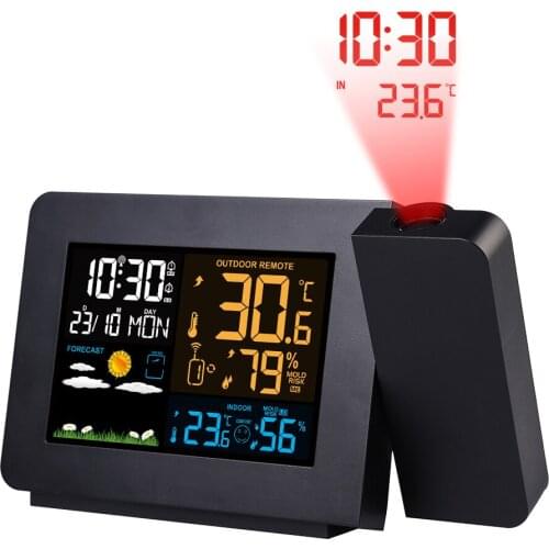 FanJu FJ3391 Weather Station Digital Table Clock Projector Temperature Time Projection Humidity Double Alarm Wireless Sensor
