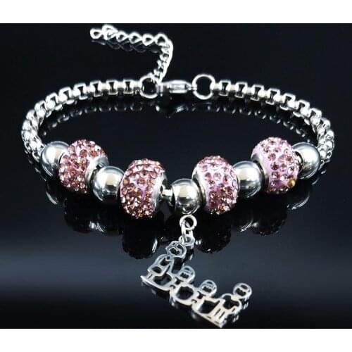 Family Two Boys Pink Crystal Stainless Steel Chain Bracelet Women Silver Color Bracelets Jewelry pulseira feminina B18536S01