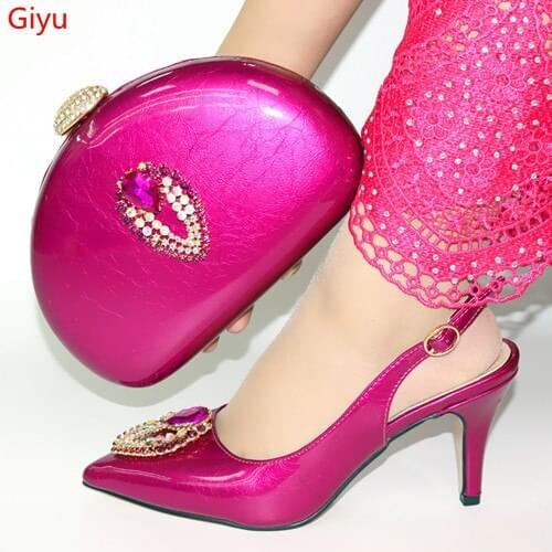 Doershow New Arrival African Wedding Shoes and Bag Set fuchsia Italian Shoes with Matching Bags Nigerian Women party!SYT1-19