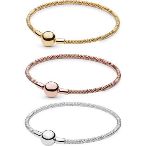 Classic High Quality 100% 925 Silver Rose Gold Simple Weave, Moments Bracelet DIY Charm Beads Original Women Jewelry Luxury Gift