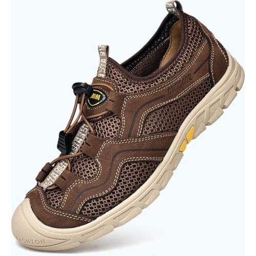 Mens Aqua Shoes Mesh Breathable Hollow Out Swimming Upstream Beach Shoes Water Sports Shoes Genuine Leather Sandals Size 38-46