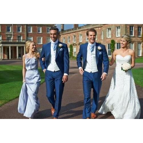 Men Suits Wedding Groom Custome Made Terno Masculino Formal Slim Fit Tuxedos Bule 5 Pieces(Jacket+Pants+Tie+Vest+Handkerchief)