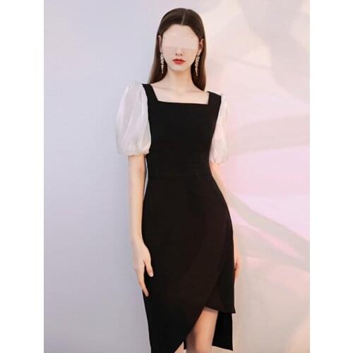 French Dress Party Banquet the New Irregular Hem Chiffon Puff Sleeve Temperament Slim Elegant Designer A Line Long Black Skirts