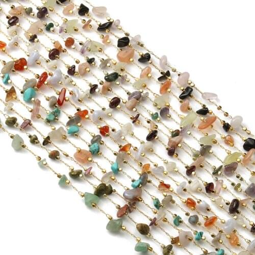 Gold Plated Wire Wrapped Rosary Chain Irregular Natural Stone Bead Chains for Jewelry Making DIY Bracelet Neckalce Supply 1m/lot