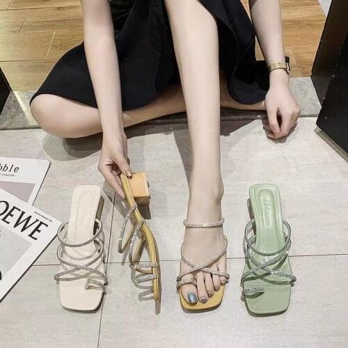 2021Fashion Classic Sandals Summer Women High Heels Candy Color Open Toes Thick Heel Crystals Slides Female Slides