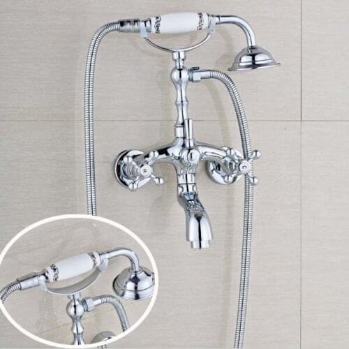 Silver Chrome Brass Wall Mounted Bathroom Tub Faucet Set with 1500MM Handheld Shower Spray Head Bath Mixer Tap 2tf930