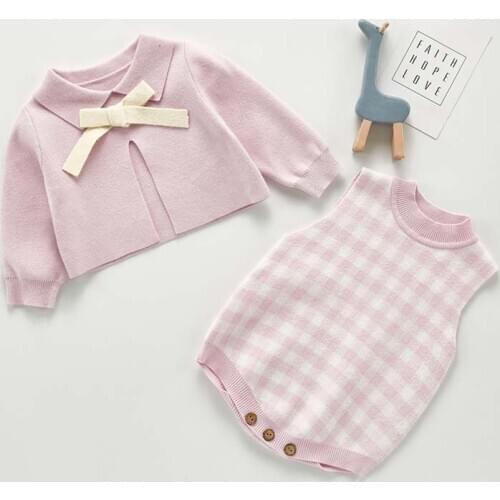 Baby Girls Knitted Bodysuit Suit Long Sleeve Tops Knitted Bodysuits Bow Collar Clothing Set Autumn Winter Cardigan Sweater Style