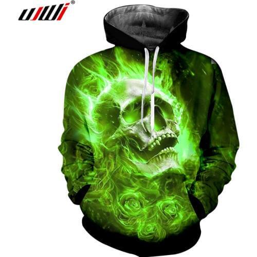 UJWI Green Rose Skull Head Men Hoodies Sweatshirts 3D Print Funny Hip Hop Hoodie Novelty Streetwear Hooded Jackets Male Pullover