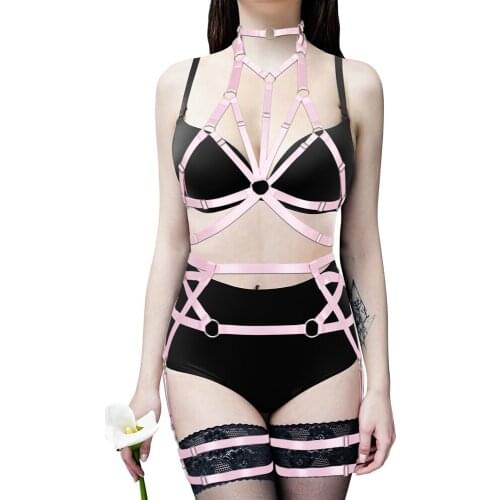 Goth Spandex Suspender Set For Women Harness Pentagram Body Leg Garter Sword Belt Sexy Bondage Collar Cage Bra Strap Lingerie