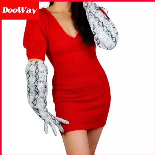 DooWay Women Fashion Gloves Faux Leather Puff Oversize Sleeve Elastic Cuff 20-inches Elbow Length Sliver Snakeskin