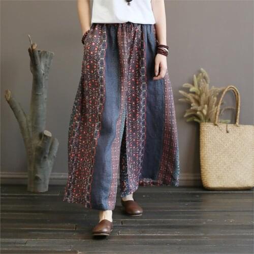 Women Printed Elastic Waist Loose Ramie Pants Ladies Print Wide Leg Trousers Female Summer Autumn Retro Vintage Plus Size Pants