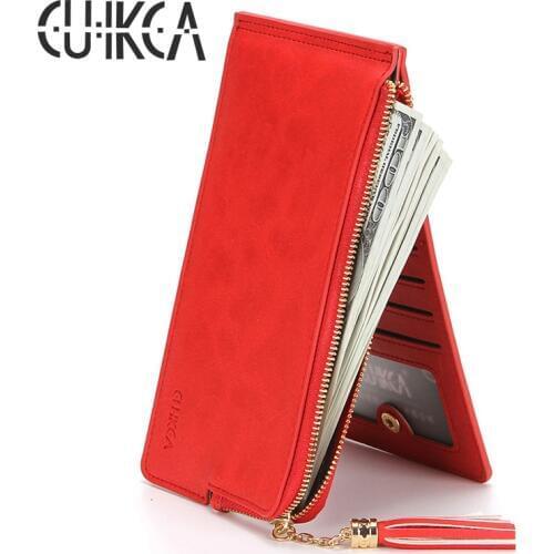 CUIKCA Women Wallet Purse Clutch Handbag Makeup Mirror Bag Nubuck Leather Zipper Wallet Coin Female Wallet ID Card Holder Case