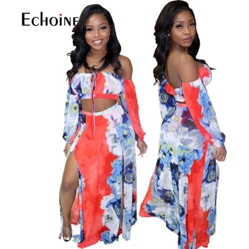 Echoine 2021 Women summer Floral Print Chiffon Off the Shoulder Short Blouses High Open Slit Beach Long Dress Suit Two Piece Set