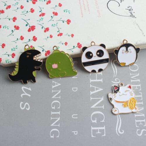 10pcs/lot Cute Animal Enamel Dinosaur Penguin Cat Panda Charms Necklace Bracelet Earring DIY Jewelry Findings XL1152