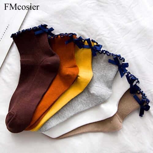 6 Pairs Autumn Sprin Cotton Cute Ear Lace Women Socks Sokken Warm Female Pusheen Short Novelty Bow Socken Sheer Socs Korean