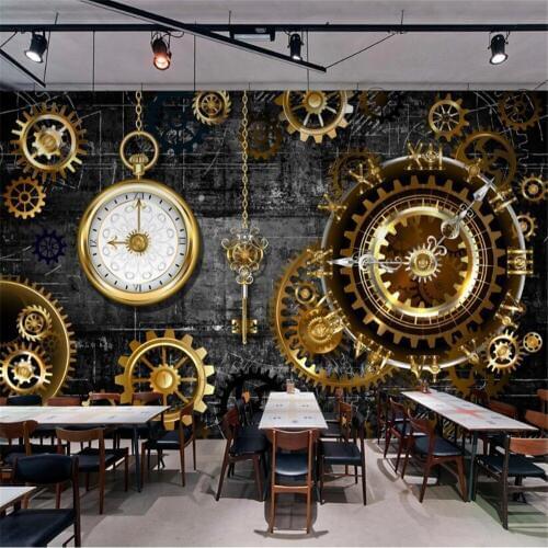 Milofi custom large wallpaper mural 3D stereo European and American industrial wind golden gear clock mural background wall