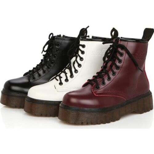 Rimocy Womens Autumn Winter Ankle Boots Lace Up Flat Heels Fur Cotton Padded Platform Shoes Woman Leather Military Botas Mujer