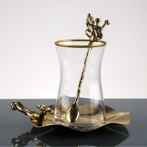 Japanese Rose Metal Plate Gold Leaf Heybeli Cup And Japanese Rose Tea Spoon 18 Piece Tea Set