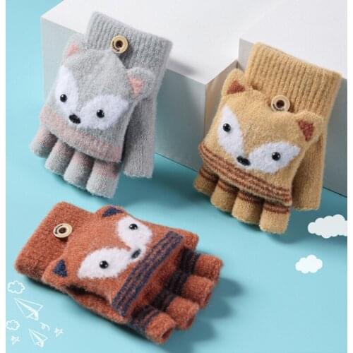 Toddler Kids Winter Knitted Convertible Gloves Christmas Cartoon Fox Warm Soft Lined Flip Top Fingerless Mittens Baby Gloves