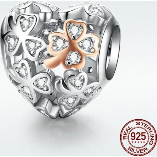 Hot sale 100% 925 sterling silver zircon heart beads clover charm fit original bracelet women fashion jewelry accessories making