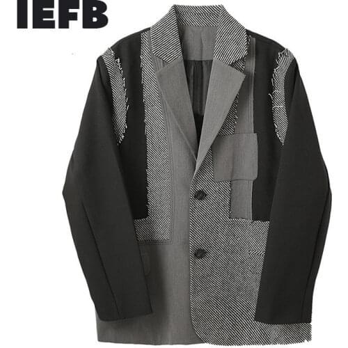 IEFB Mens Wear Color Block Patchwork Long Sleeve Niche Design Suit Coat Fashionable Single Breasted Blazes Autumn New 9Y4155