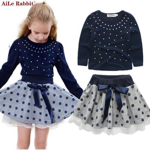 AiLe Rabbit Girls Set New Arrival Autumn T-shirt Bowbelt Skirt 2pcs Diamond Dot Childrens Clothing Sets Kids Clothes Fas k1