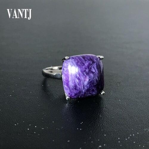 Real Natural Charoite Rings Sterling 925 Silver Big Gemstone Chushion 15mm for Women Party Wedding Gift Wholesale