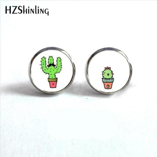 ED-0037 New Arrival Cactus Stud Earrings Lovely Cartoon Cactus and Balloons Glass Dome Round Earrings Fashion Jewelry HZ4