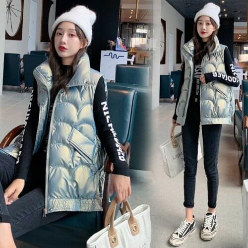 Autumn Womens Winter Coats Fashion Glossy Stand Collar Parkas Winter Vest Jacket Women Shinny Padded Cotton Coat Waistcoat