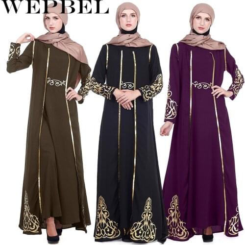 WEPBEL 2 Piece Sit Women Muslim Dress Loose High Waist Abaya Long Sleeve Bronzing Ramadan Robe Islamic Clothing