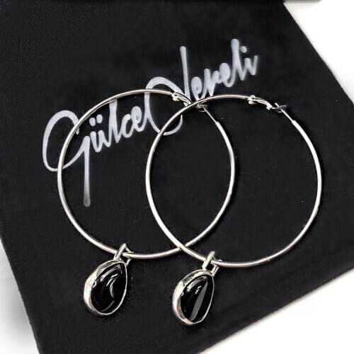 GULCE DERELI, NATURAL BLACK STONE EARRINGS, HOOP EARRINGS, CHARM EARRINGS, GIFT BOX, GOLD/SILVER PLATED