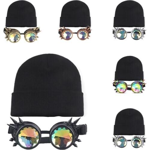 Glasses Beanies Kaleidoscope Rave Goggles Steampunk Glasses with Rainbow Crystal Glass Lens Black Knitted hat Wholesale