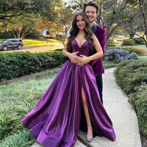 Trendy A-line Split Prom Dresses Long 2021 Purple V-neck Evening Party Gowns For Women Formal Backless Vestidos largos de fiesta