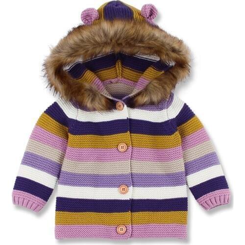 Boys Girls Hooded Knitted Sweaters Hairy Neckline One-breasted Cartoon Ear Outerwear Stripe 2 Colors 3-18M
