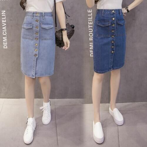Summer women clothing denim fabric knee-length students skirts high waist women skirts cowboy solid color one-step skirts