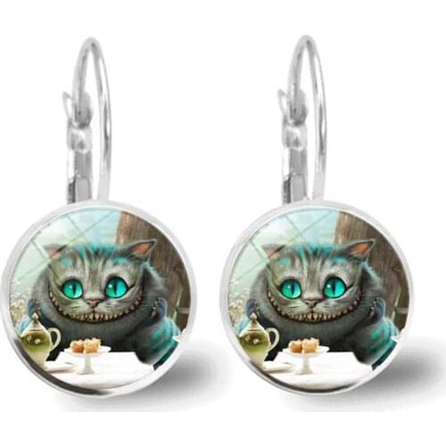 Alice In Wonderland Stud Earrings Cheshire Cat Glass Cabochon Plated Jewelry French Lever Back Earrings for Women Gift