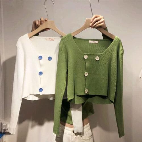 Woman Sweaters Cardigan Korean Style Autumn Womens Clothing Fashion Navel T-shirt Button Short Long Sleeve Knitted Cardigan