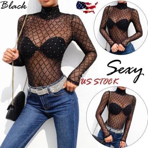 Women New Black Sheer Mesh Lace Jumpsuit Long Sleeve Top Turtleneck Bodysuit US