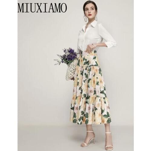 MIUXIMAO 2021 Spring Fashion Women Suits Party Workplace White Shirt Tops + Print Half Skirt Vintage Elegant Chic Two Piece Set