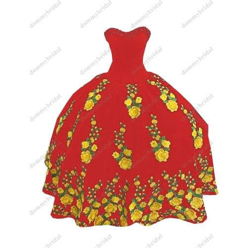 Fashion Yellow Floral Flowers Embroidery Cheap 2021 Quinceanera Dresses Red Velvet Formal Evening Dress Plus size Corset Back