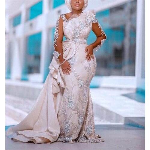 Plus Size Mermaid Wedding Dresses Bridal Gowns With Detachable Train Lace Appliqued Beaded Arabic Long Sleeve Hand Made Flower