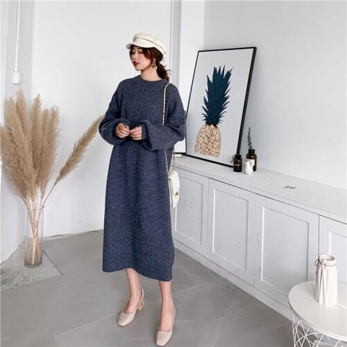[ZAYAU]Long Sleeved Bottomed Sweater Knitted Dress womens Autumn and Winter Middle Length Knee Loose Lazy Style