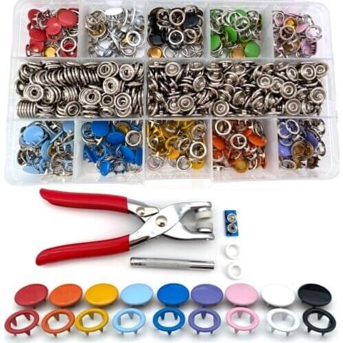 100/200 Set 9.5MM Metal Prong Ring Snap Button 10 Color Press Studs Snap Fasteners with Clip Pliers Fasteners Sewing Accessories