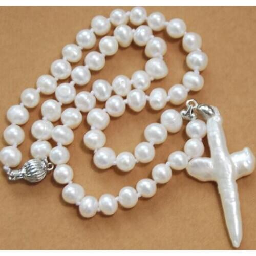 7-8MM Natural White Akoya Cultured Pearl & Cross Pendant necklace 18"