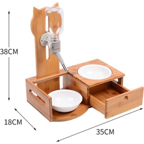 Pet Automatic Feeder Adjustable Height Cat Water Dispenser Dog Bamboo Holder Cat Ceramic Double Bowls Pet Dining Table With Bowl