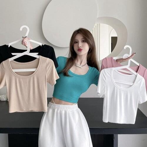 White Super Short T-shirt tops Womens Summer 2021 New Solid O-neck Female Bottoming Shirt Sexy Skinny Short-sleeve Girl tees